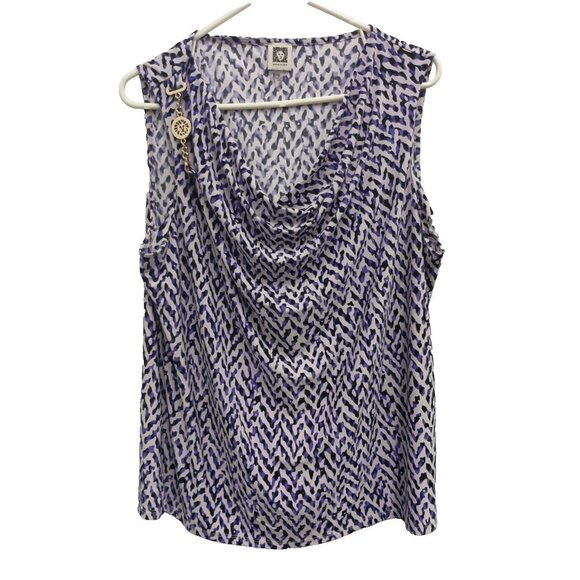 Ann Klein Womens Tank Top Size 1X Blue Chevron Cowl Neck Carrier Classic - Picture 1 of 9